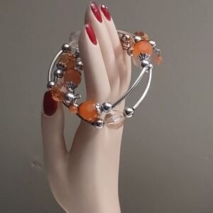 Orange Bead Wire Bracelet Silver Tube Beads